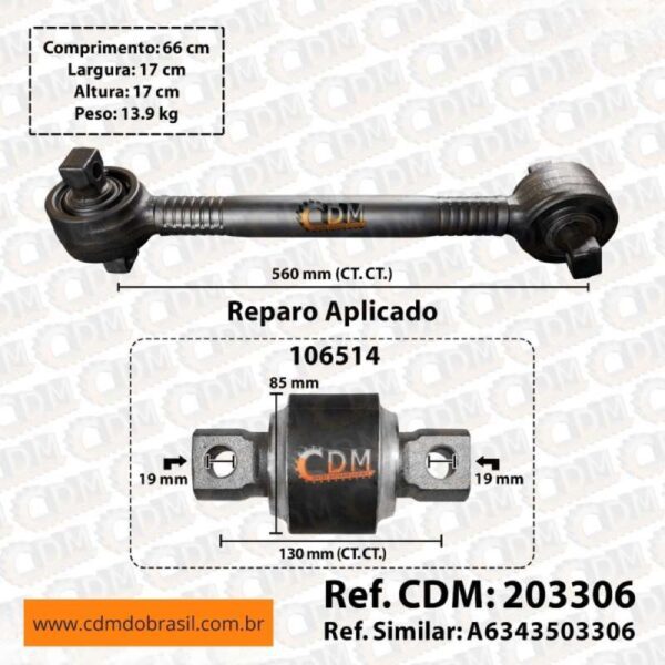 203306 Barra de Reação Barra Tensora Aplicado em Mercedes O-500 UA / O-500 UDA / O-500 RS / O-500 RSD (203306)