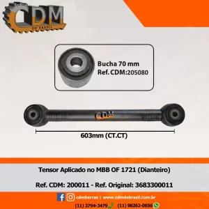 Fabricante: 3683300011 Barra de Reação (Tensor/ Barra Tensora) - Aplicado no Mercedes OH-1621L / OF-1721L / OF-1724 Dianteiro (200011) comprimento: 603 mm (CT. CT.) diâmetro do tubo: 50mm Item de reposição: 205080 Referência: 200011 Série Similar: 3683300011