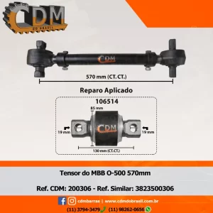 Fabricante: 3823500306/ 6343300806 Barra de Reação (Tensor/ Barra Tensora) - Aplicado em Mercedes O-500 (200306) comprimento: 570mm diâmetro do tubo: 50mm Item de reposição: 206514 Referência: 200306 Série Similar: 3823500306 / 6343300806