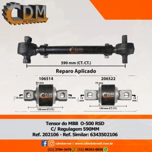 Série Similar: 6343502106 / 6343500206 / 6343500706 - Barra de Reação/ Tensor - Aplicado no Mercedes O-500 RSD - Traseiro Inferior Esquerdo comprimento: 590mm diâmetro do tubo: 50mm Item de reposição: 206514 / 206522 Referência: 202106