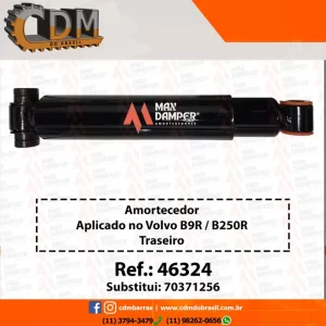 Ref. Similar: 70371256 Amortecedor aplicado no Volvo B9R/ B250R - Traseiro Referência: 46324 CDM/ MaxDamper