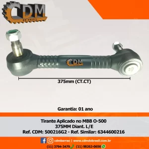 Ref. Similar: 6344600216 / N 5192 / 6343230416 Tirante/ Bieleta - Aplicado em Mercedes O-500 - Dianteiro - L/E - Padrão CDM comprimento: 375mm diâmetro do tubo: 38mm Item de reposição: 510 Referência: 500216