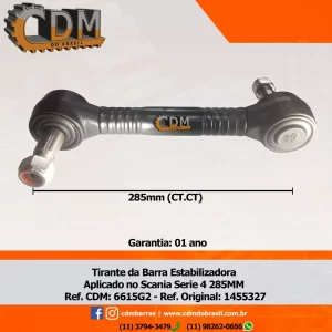 Série Similar: 2255107 / 1455327 / N 6615 Tirante/ Bracinho/ Telefoninho/ Bieleta - Aplicado no Scania K124 / K310 - Série 4 - Padrão CDM (6615) comprimento: 285 mm peso: 4 kg diâmetro do tubo: 38 mm Item de reposição: 500 Referência: 6615G2