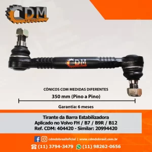 Série Similar: 20994420 Tirante/ Bracinho/ Telefoninho/ Bieleta - Aplicado no Volvo B9R / B7 Eletrônico / B12 / FH - Caminhão (404420) comprimento: 350mm peso: 4 kg diâmetro do tubo: 42mm Referência: 404420 Série Similar: 20994420