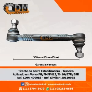 Ref. Similar: 20539988  Tirante/ Bracinho/ Telefoninho/ Bieleta - Aplicado no Volvo FH12 / FH16 / FL6 / FM12 / B7R / B9R comprimento: 350mm Ref. Similar: 20539988 diâmetro do tubo: 42mm