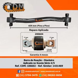 Ref. Similar: 1431469 Barra de Reação/ Tensor - Aplicado no Scania K124/ P94 654mm- Ref. Similar: 1431469 Referência: 106602 Item Reposição: 200604 Comprimento: 654 mm (Centro a Centro)
