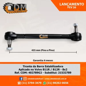 Série Similar: 21532789 Tirante/Bracinho/ Telefoninho/ Bieleta - Aplicado no Volvo B11R / B12R (402789) comprimento: 435mm peso: 6 kg diâmetro do tubo: 42mm Referência: 402789G2