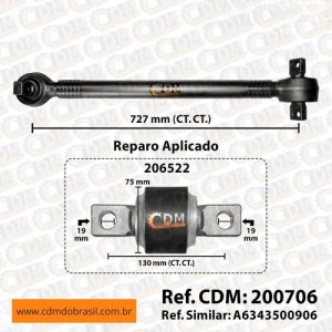 Série Similar: 6343500906 / 6343500606 / 6343500706 Barra de Reação (Tensor/ Barra de Tensora) - Aplicado em Mercedes O-500 - 3° Eixo  comprimento: 727mm peso: 10 kg diâmetro do tubo: 50mm Item de reposição: 206522 Referência: 200706
