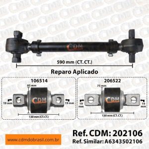 Série Similar: 6343502106 / 6343500206 / 6343500706 - Barra de Reação/ Tensor - Aplicado no Mercedes O-500 RSD - Traseiro Inferior Esquerdo comprimento: 590mm diâmetro do tubo: 50mm Item de reposição: 206514 / 206522 Referência: 202106
