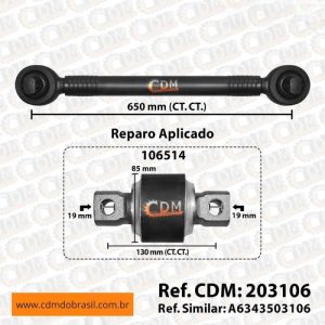 Série Similar: 6343503106 / 3823500806 / 12020835 Barra de Reação (Tensor/ Barra Tensora) - Aplicado em Mercedes O-500 RS / O-500 RSD (203106) comprimento: 650mm diâmetro do tubo: 50mm Item de reposição: 206514 Referência: 203106