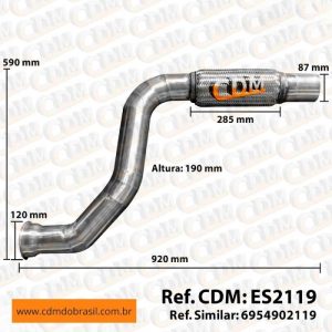 Série Similar: 6954902119 - Tubo de Escape /Escapamento Inox - Aplicado no Mercedes Atron 2324 - 2012 a 2016 (ES2119) comprimento: 920 mm peso: 4.3 kg diâmetro do tubo: 89 mm Item de reposição: ES910 Referência: ES2119